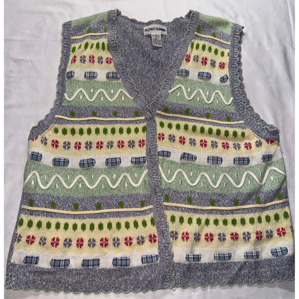 Alfred Dunner Sweater Vest Womens XL Blue Multicolor Knit Grannycore Cottagecore